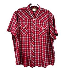 Wrangler Western Pearl Snap Shirt Men's 2XL‎ Red Plaid Cowboy Landman Rockabilly